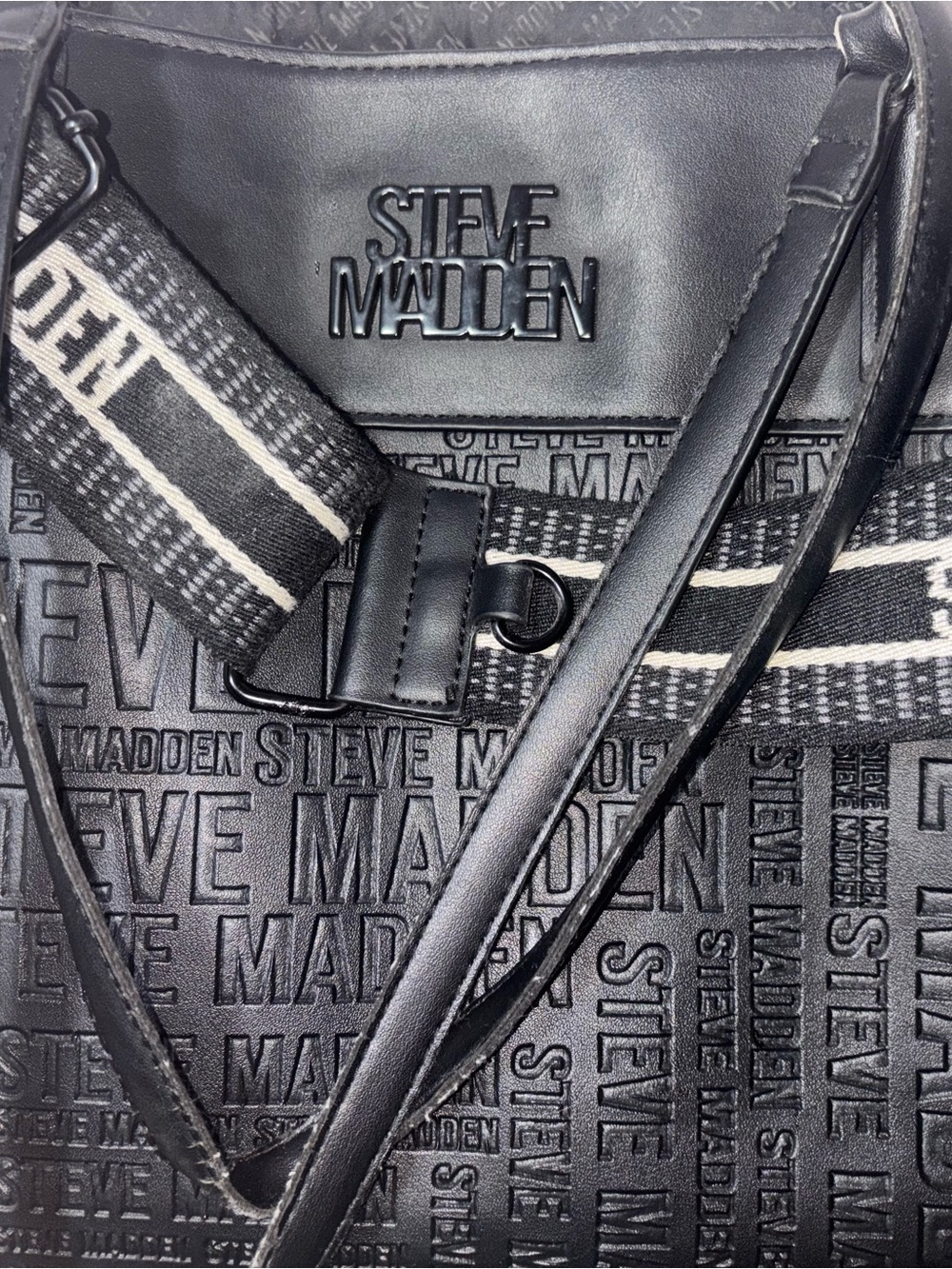 Steve Madden Black Embossed Logo Crossbody Bag with Patterned Strap